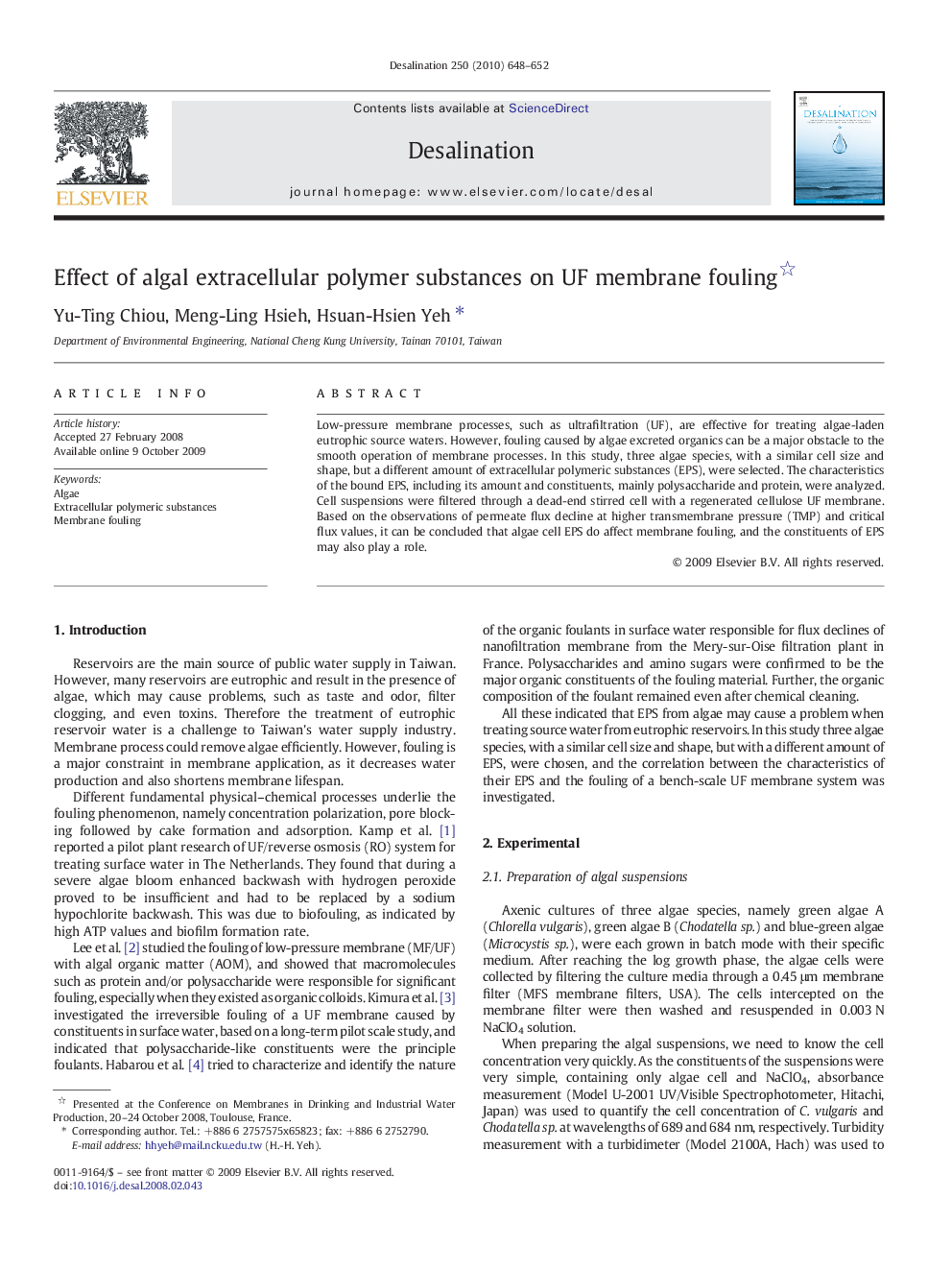 Effect of algal extracellular polymer substances on UF membrane fouling