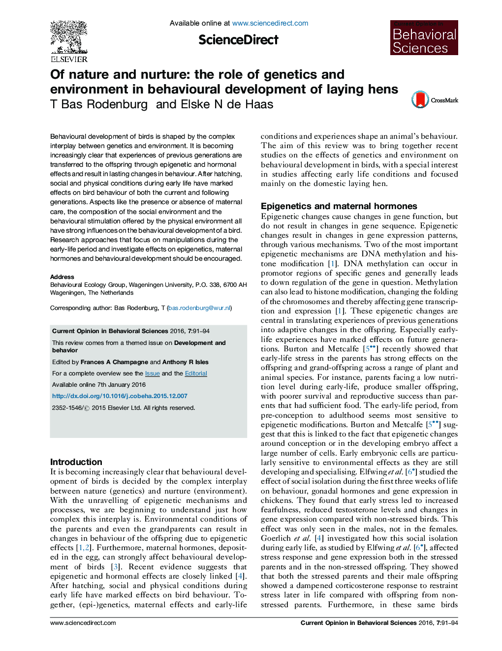 Of nature and nurture: the role of genetics and environment in behavioural development of laying hens