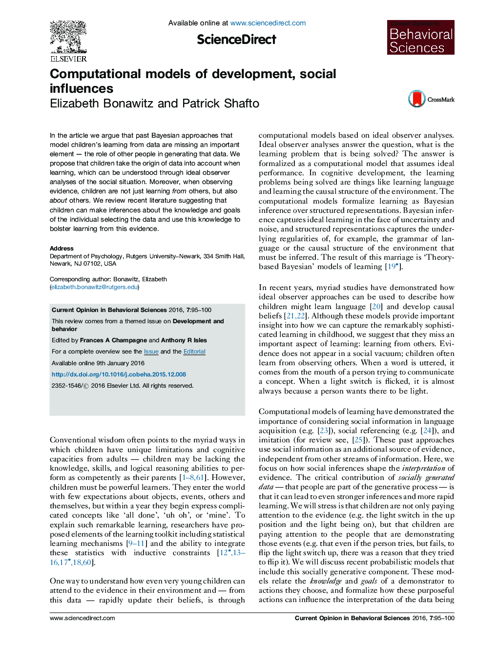 Computational models of development, social influences