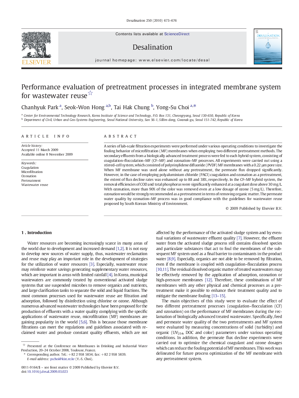 Performance evaluation of pretreatment processes in integrated membrane system for wastewater reuse 