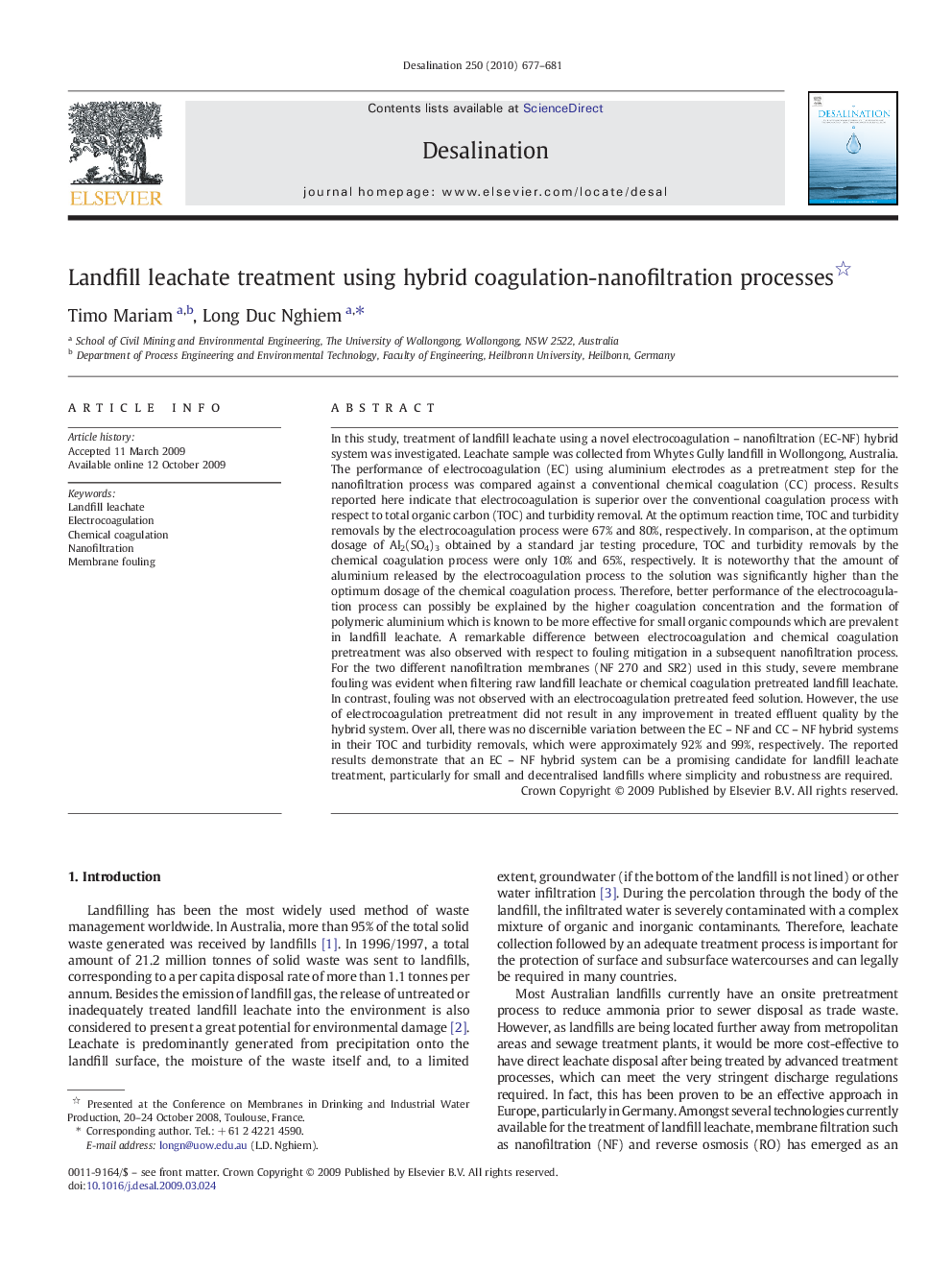 Landfill leachate treatment using hybrid coagulation-nanofiltration processes 