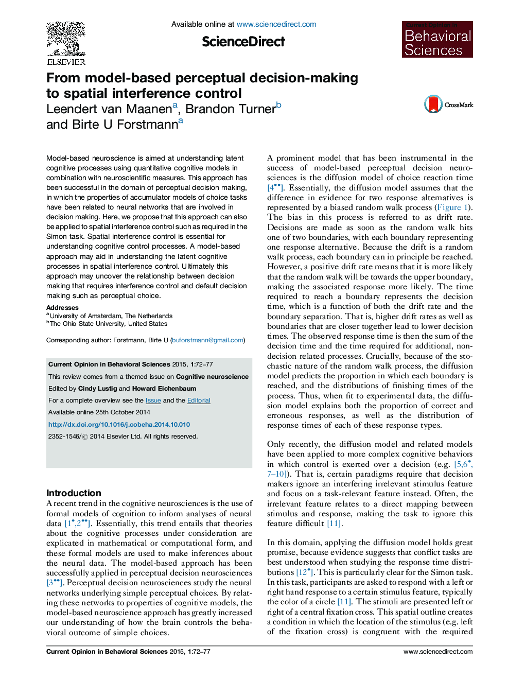 From model-based perceptual decision-making to spatial interference control