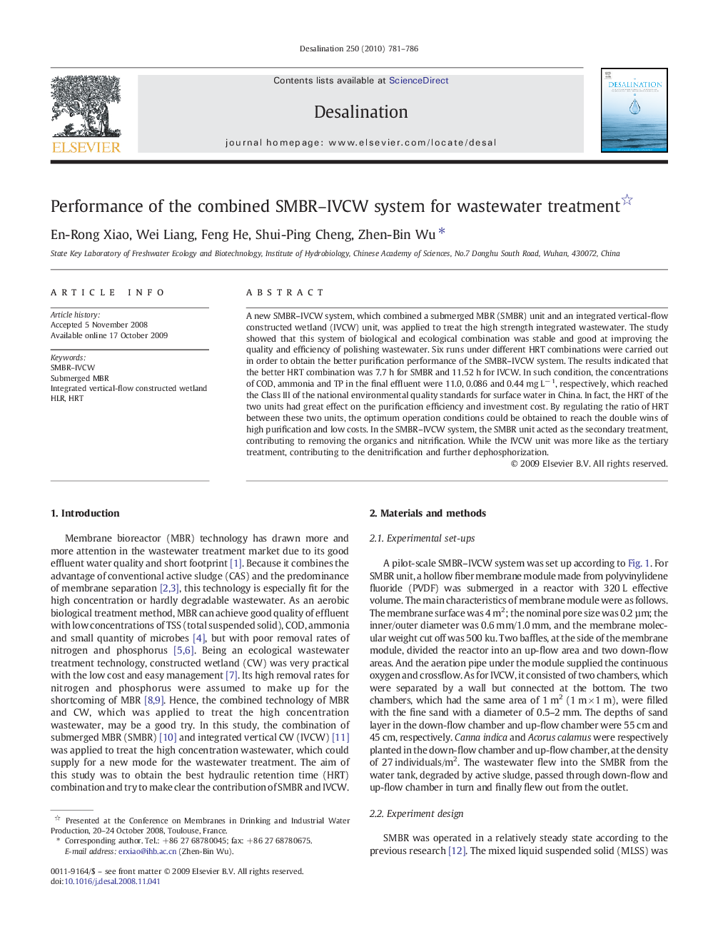 Performance of the combined SMBR–IVCW system for wastewater treatment 