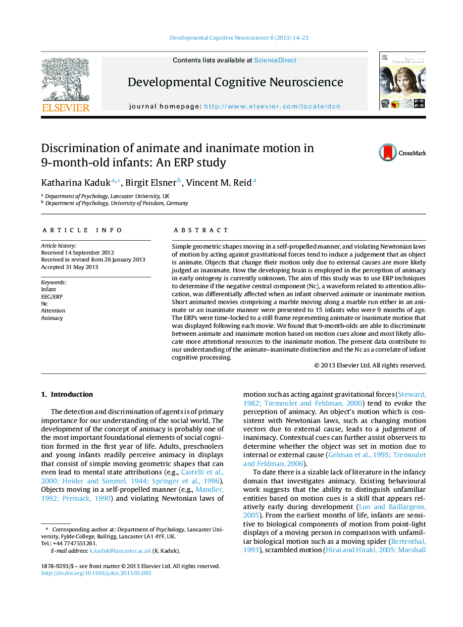 Discrimination of animate and inanimate motion in 9-month-old infants: An ERP study