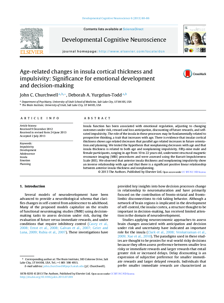 Age-related changes in insula cortical thickness and impulsivity: Significance for emotional development and decision-making