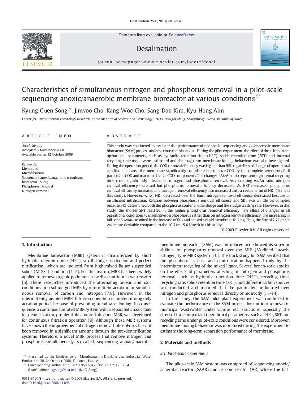 Characteristics of simultaneous nitrogen and phosphorus removal in a pilot-scale sequencing anoxic/anaerobic membrane bioreactor at various conditions 