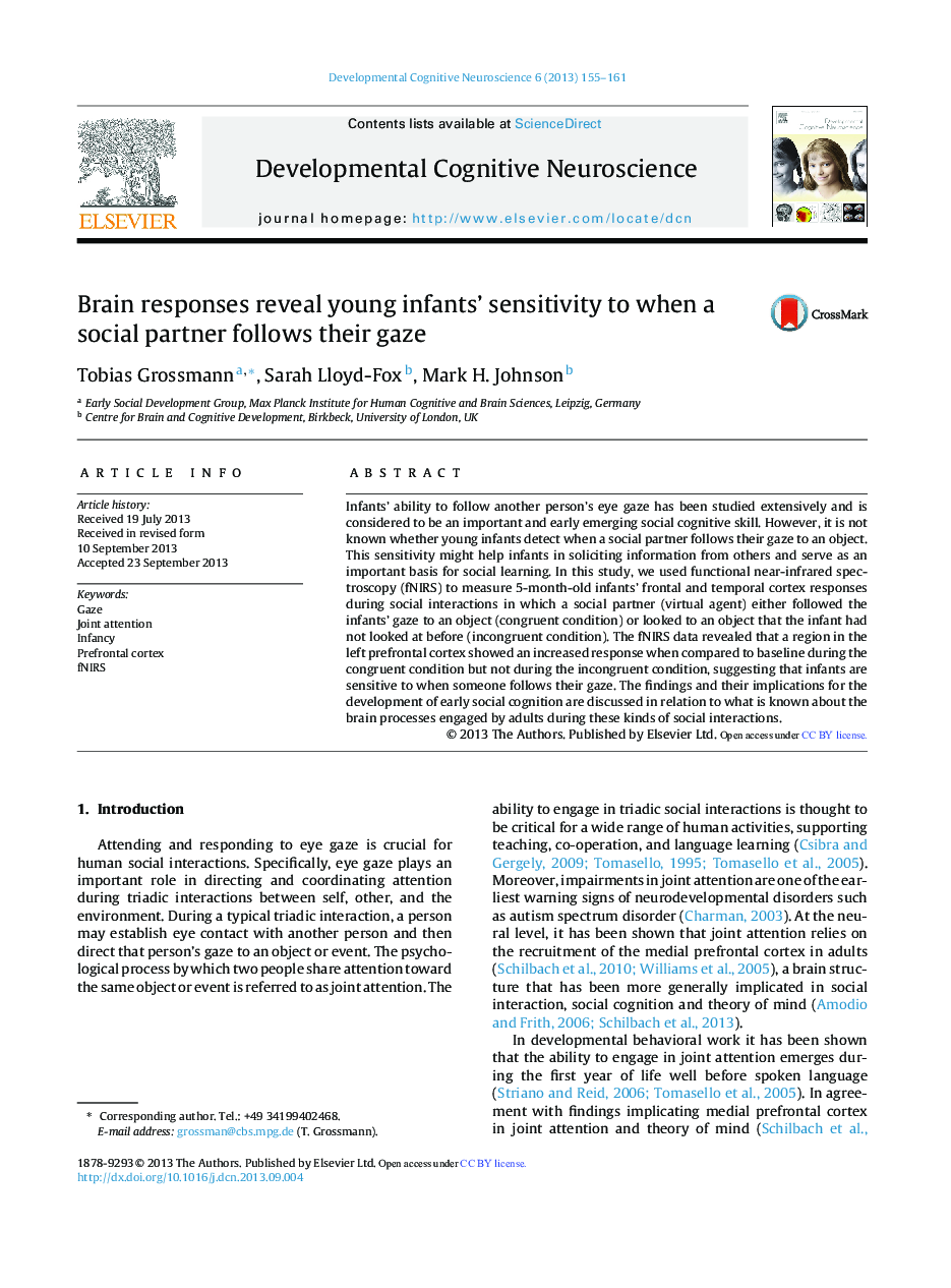 Brain responses reveal young infants' sensitivity to when a social partner follows their gaze