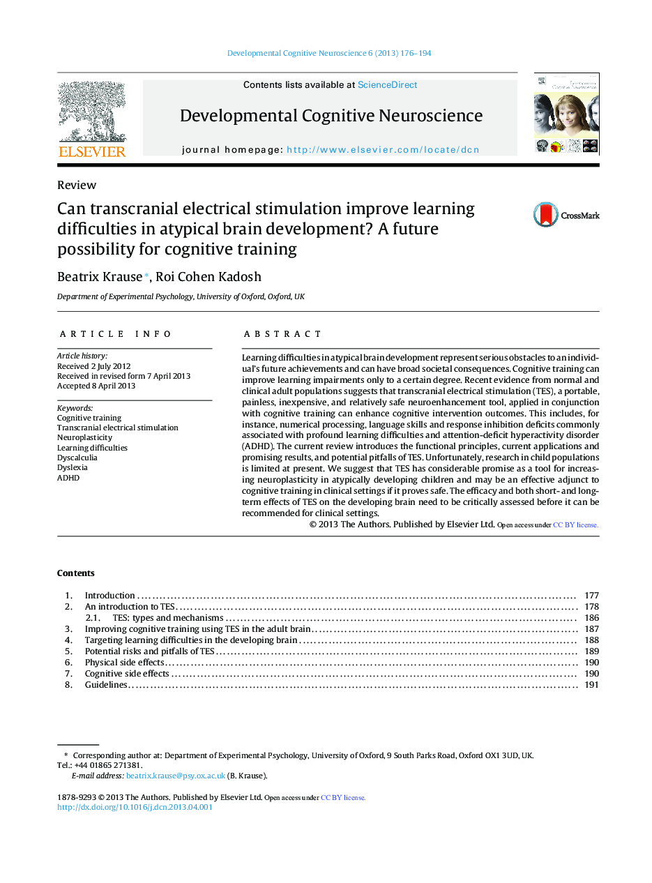 ReviewCan transcranial electrical stimulation improve learning difficulties in atypical brain development? A future possibility for cognitive training