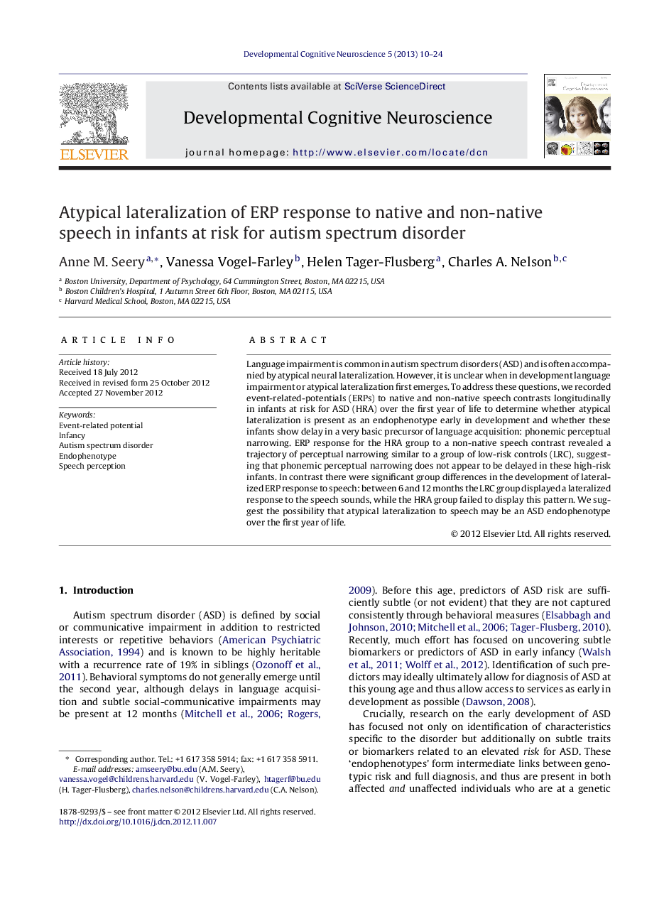 Atypical lateralization of ERP response to native and non-native speech in infants at risk for autism spectrum disorder