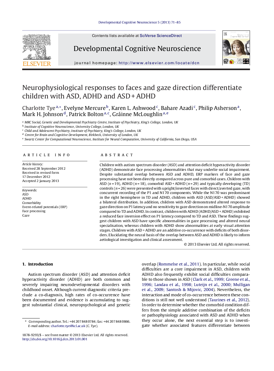 Neurophysiological responses to faces and gaze direction differentiate children with ASD, ADHD and ASD + ADHD