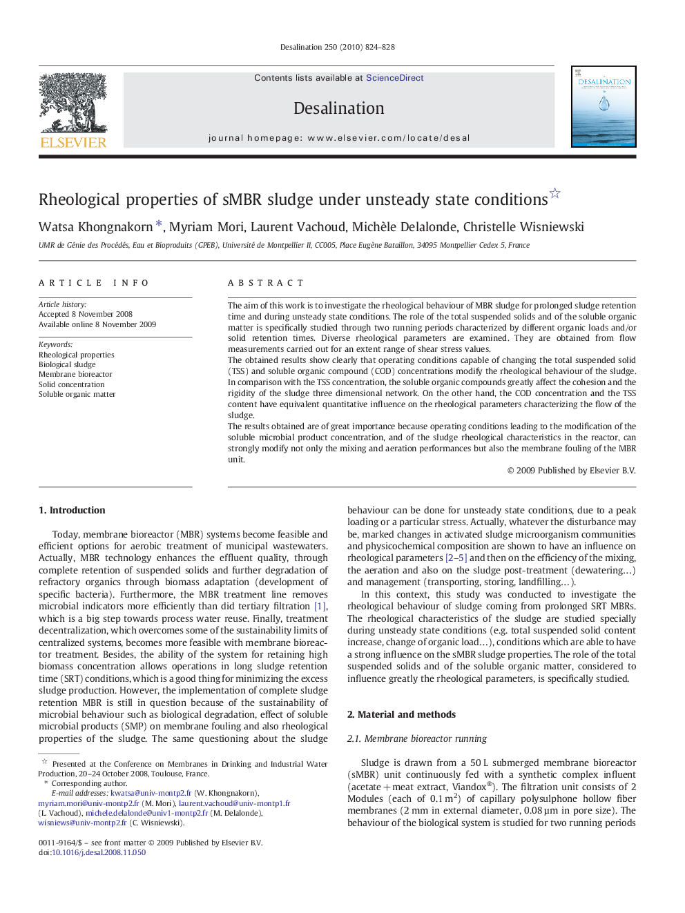 Rheological properties of sMBR sludge under unsteady state conditions 