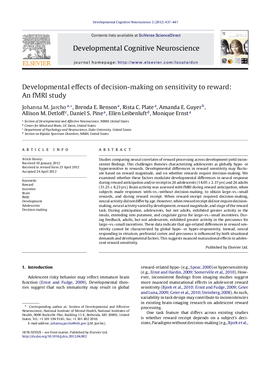 Developmental effects of decision-making on sensitivity to reward: An fMRI study