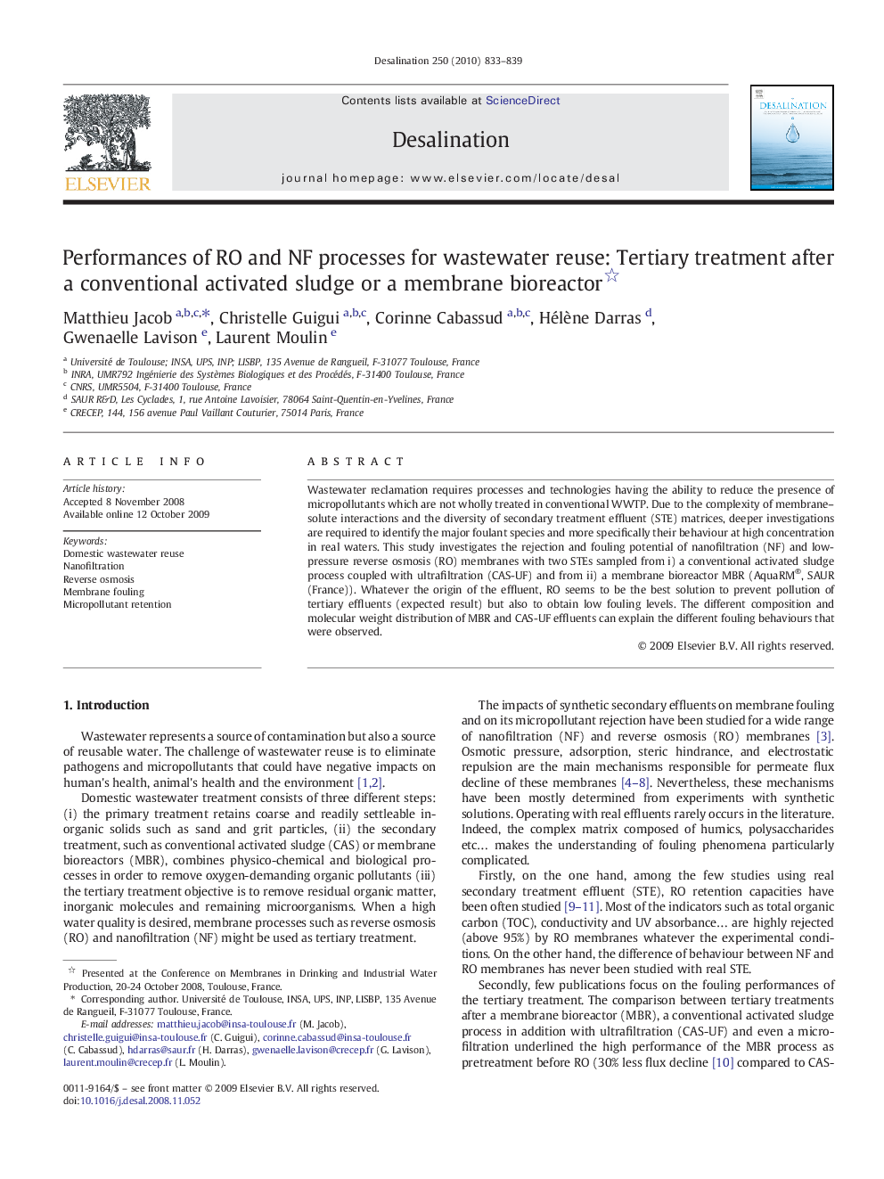 Performances of RO and NF processes for wastewater reuse: Tertiary treatment after a conventional activated sludge or a membrane bioreactor