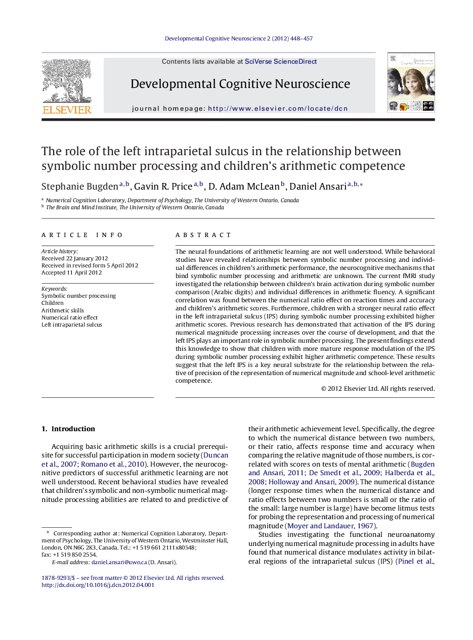 The role of the left intraparietal sulcus in the relationship between symbolic number processing and children's arithmetic competence