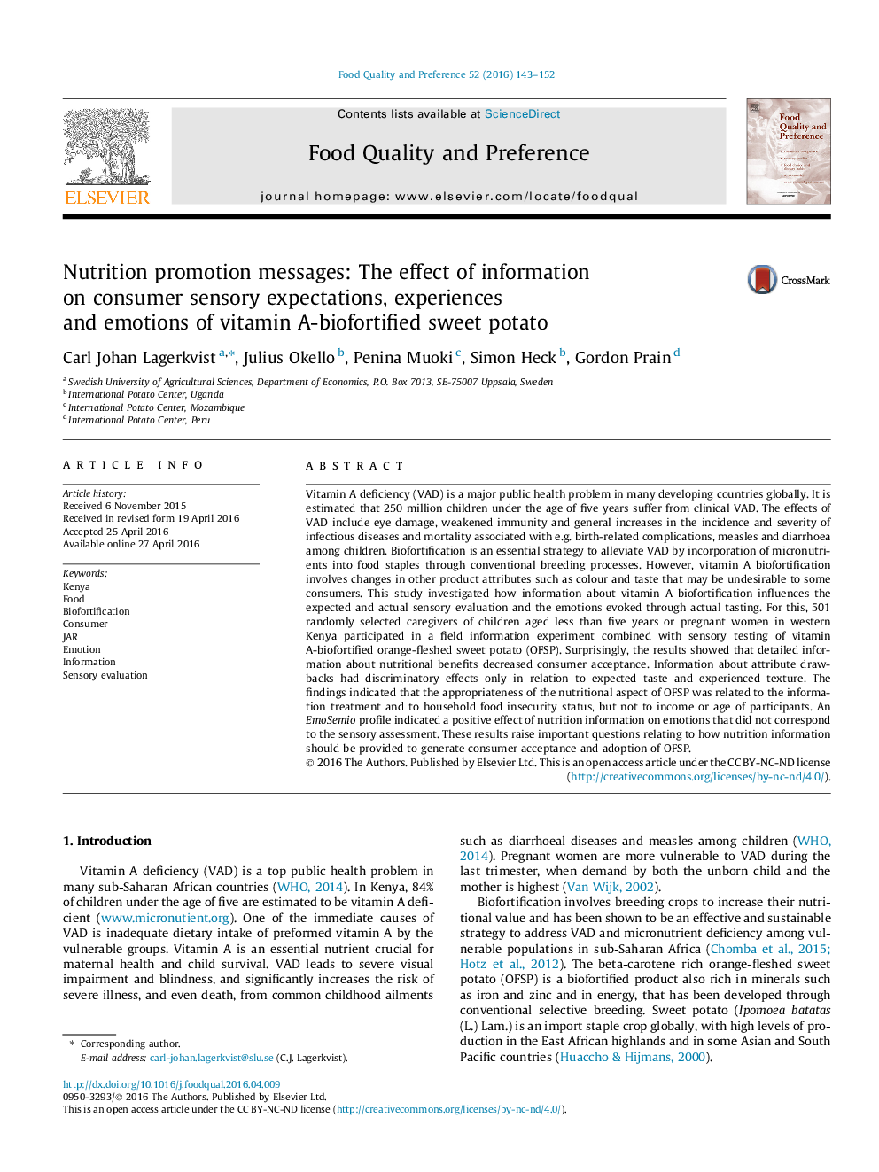 Nutrition promotion messages: The effect of information on consumer sensory expectations, experiences and emotions of vitamin A-biofortified sweet potato