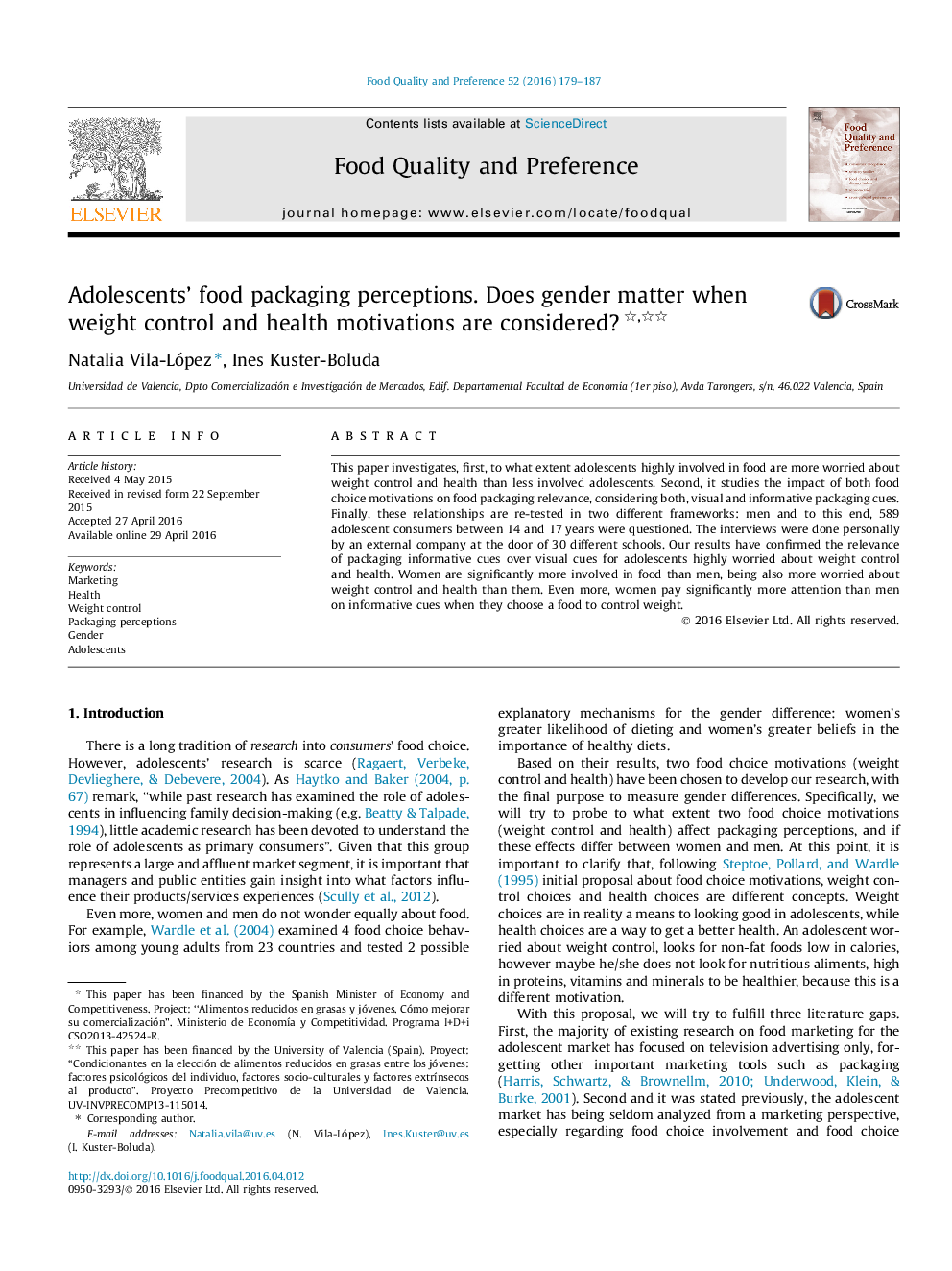 Adolescents' food packaging perceptions. Does gender matter when weight control and health motivations are considered?