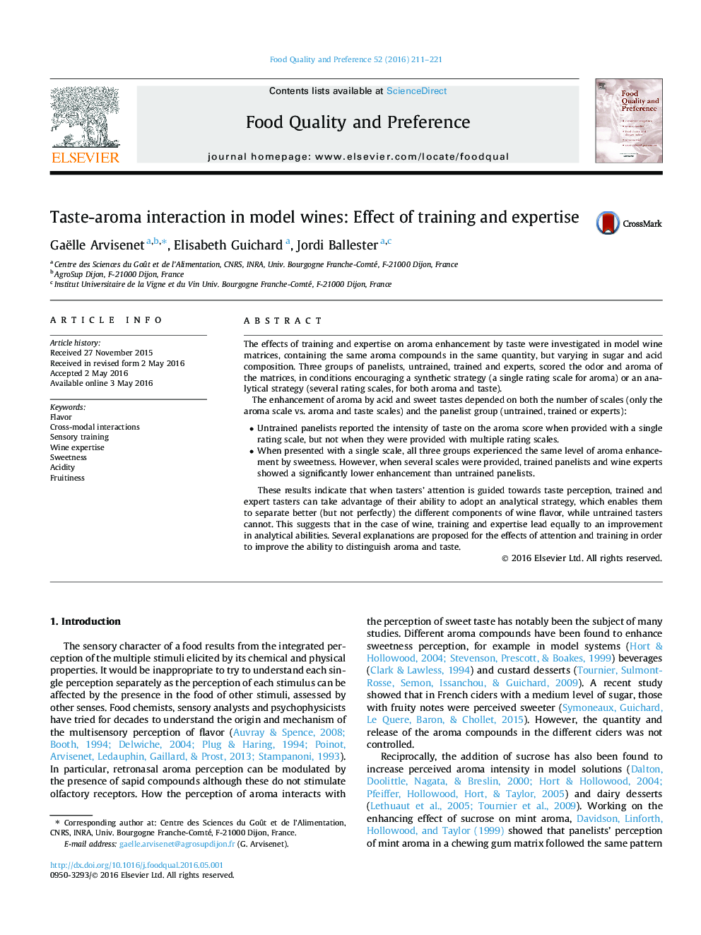 Taste-aroma interaction in model wines: Effect of training and expertise