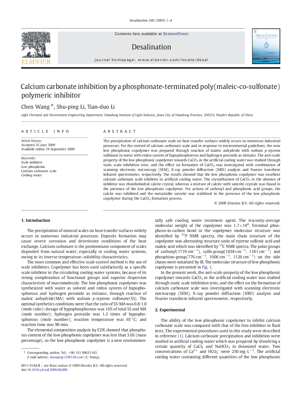 Calcium carbonate inhibition by a phosphonate-terminated poly(maleic-co-sulfonate) polymeric inhibitor