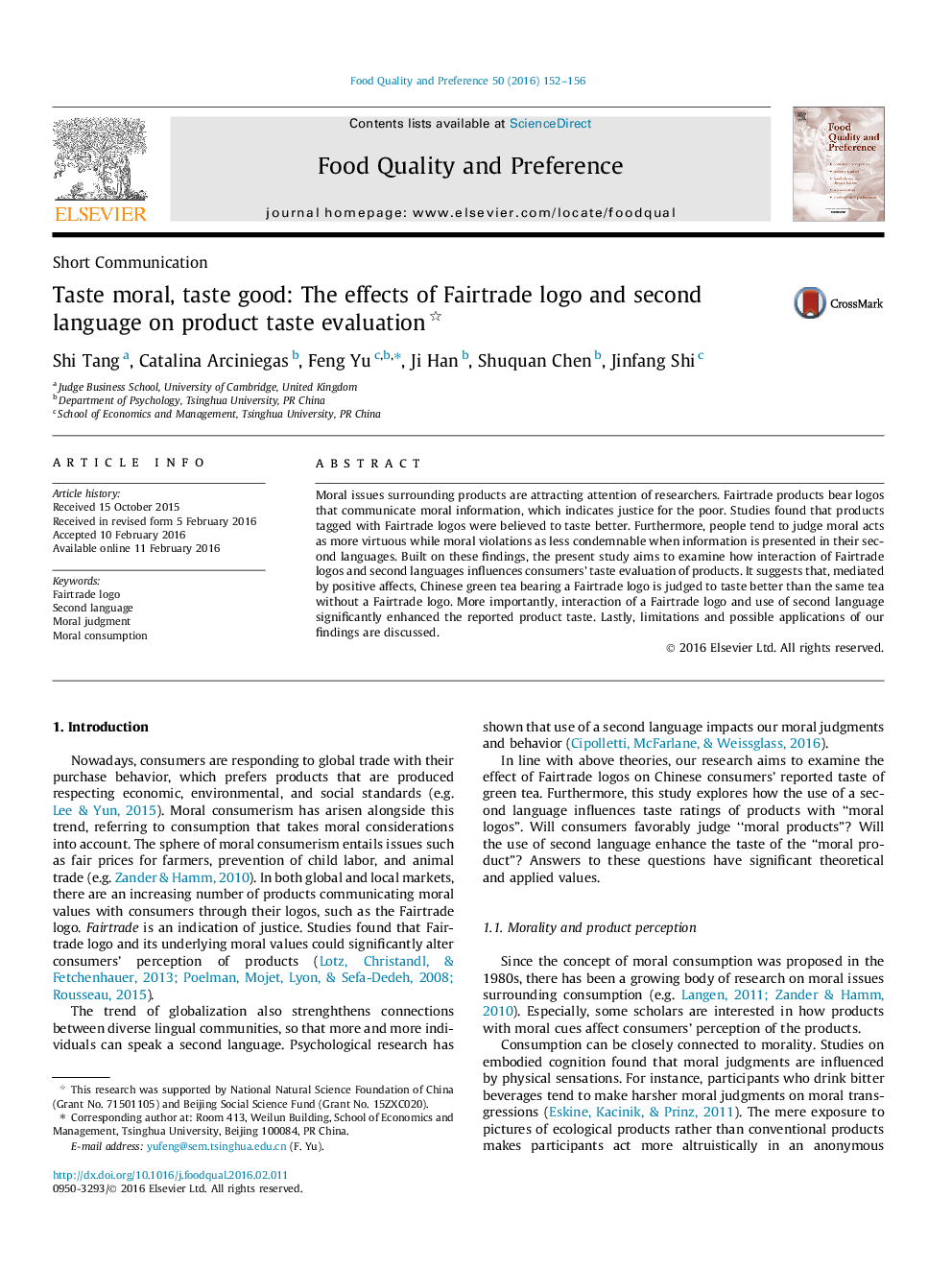 Short CommunicationTaste moral, taste good: The effects of Fairtrade logo and second language on product taste evaluation