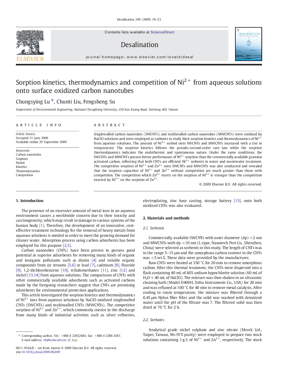 Sorption kinetics, thermodynamics and competition of Ni2+ from aqueous solutions onto surface oxidized carbon nanotubes