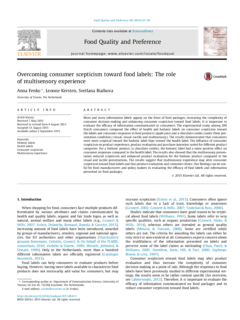 Overcoming consumer scepticism toward food labels: The role of multisensory experience