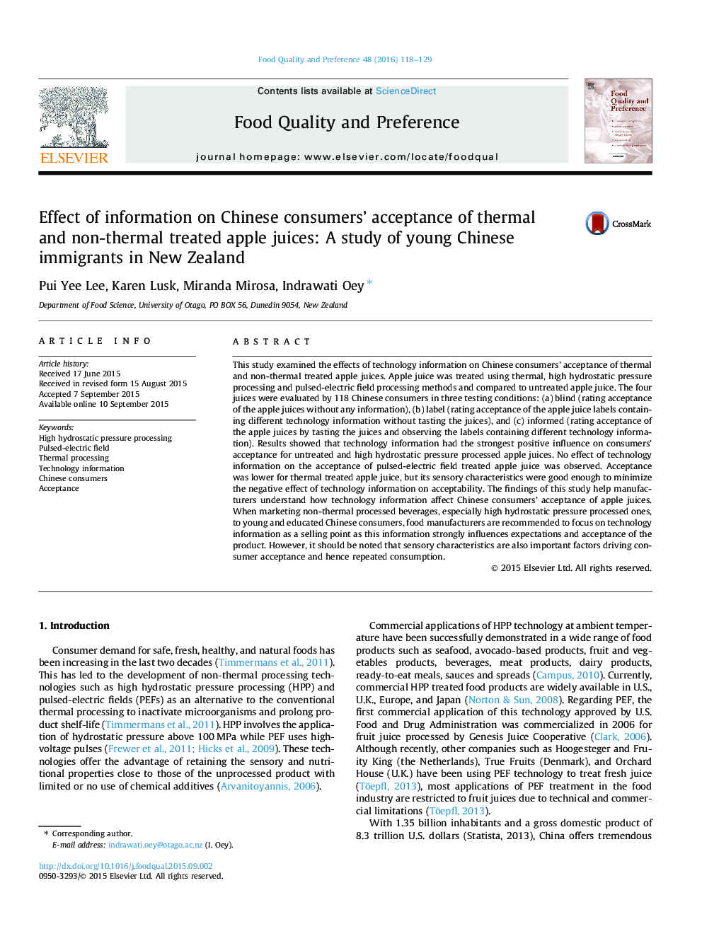 Effect of information on Chinese consumers' acceptance of thermal and non-thermal treated apple juices: A study of young Chinese immigrants in New Zealand