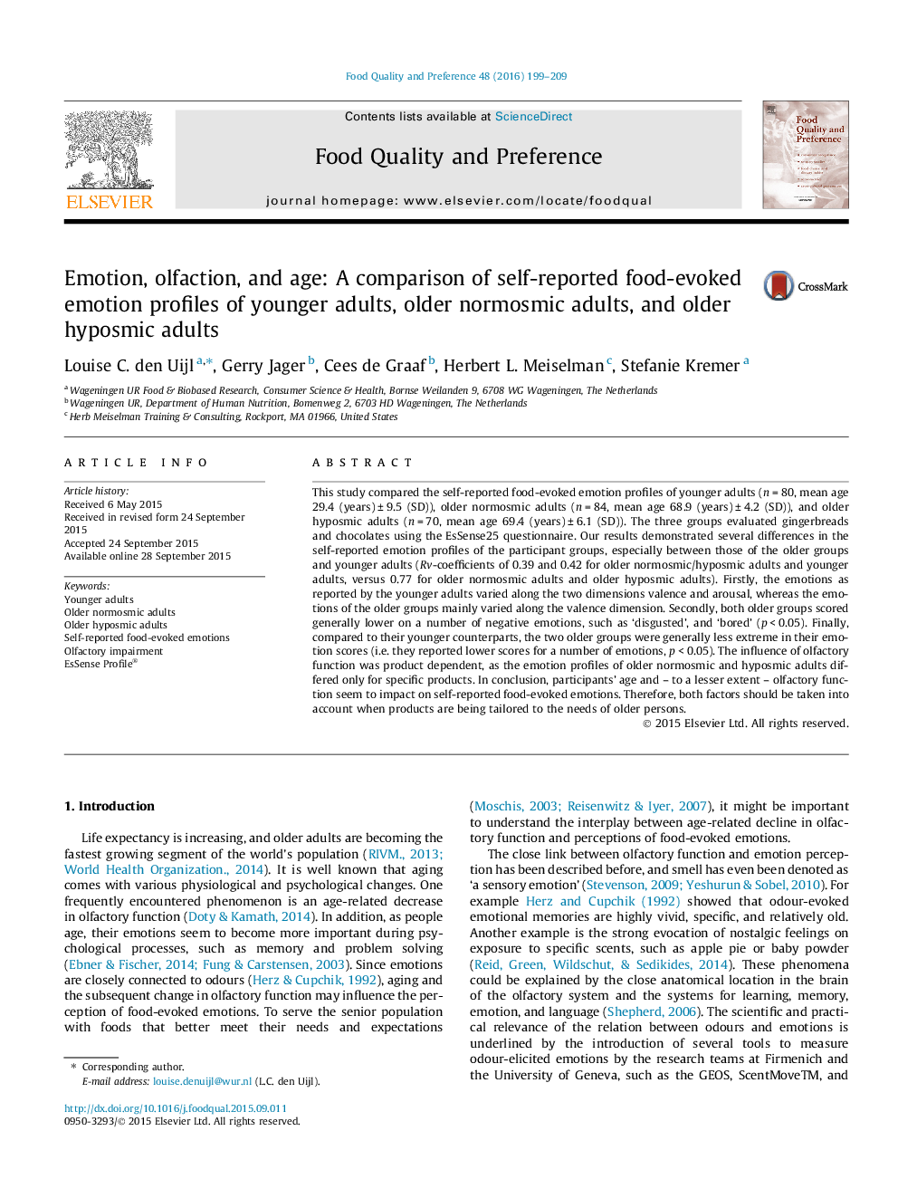 Emotion, olfaction, and age: A comparison of self-reported food-evoked emotion profiles of younger adults, older normosmic adults, and older hyposmic adults