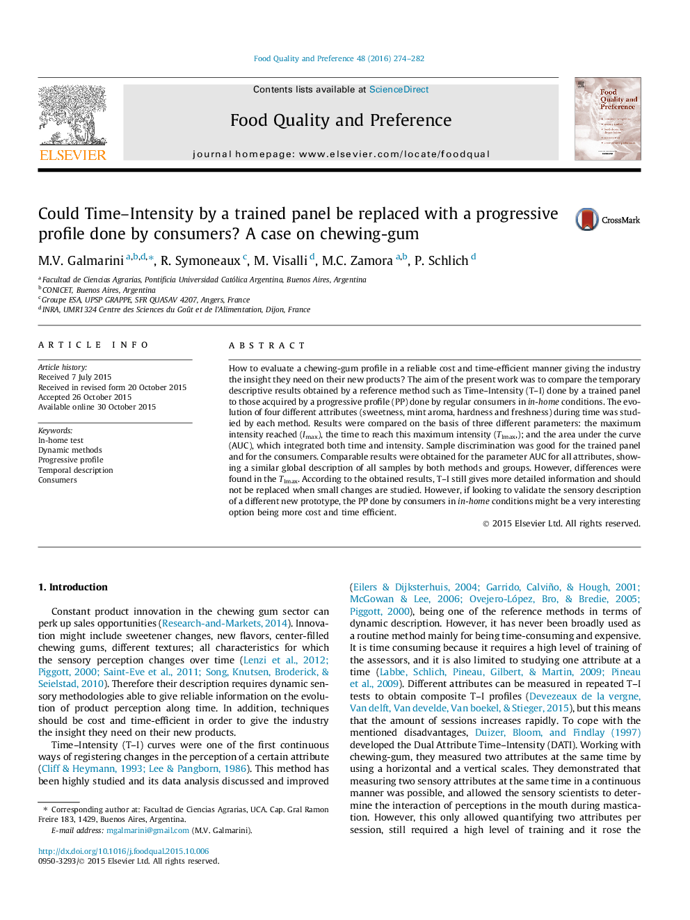 Could Time-Intensity by a trained panel be replaced with a progressive profile done by consumers? A case on chewing-gum