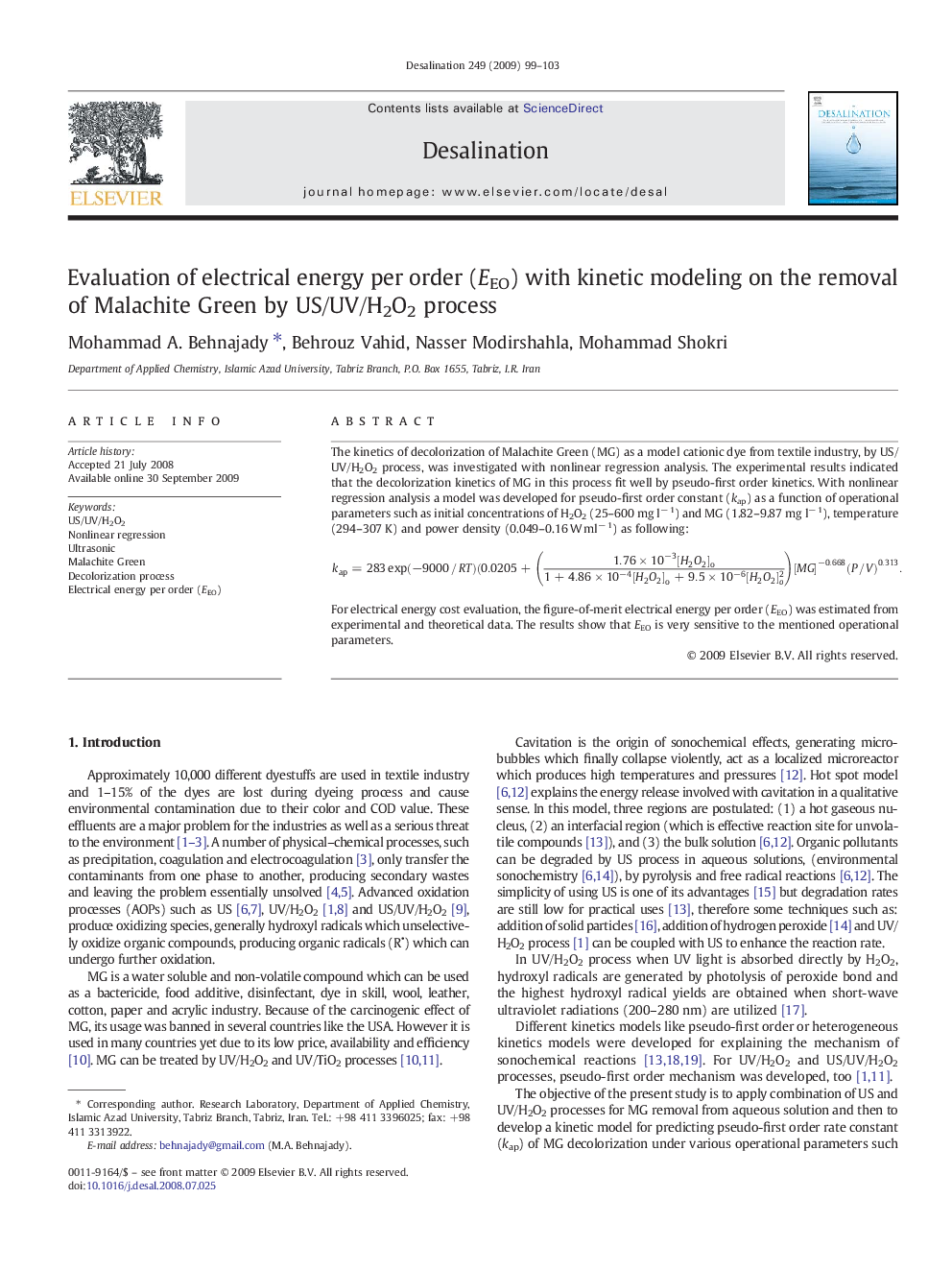 Evaluation of electrical energy per order (EEO) with kinetic modeling on the removal of Malachite Green by US/UV/H2O2 process