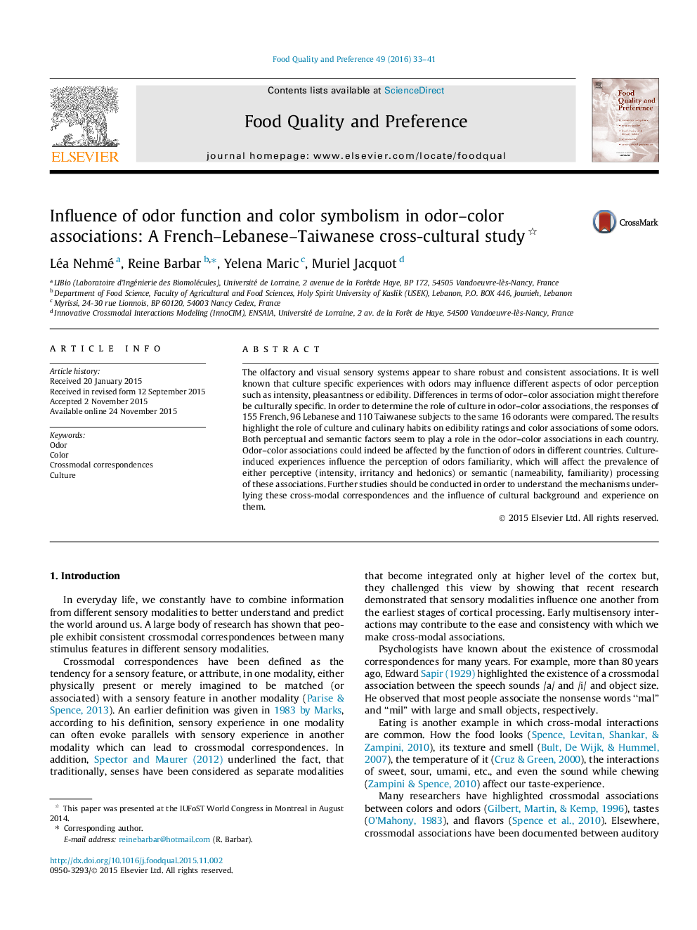 Influence of odor function and color symbolism in odor-color associations: A French-Lebanese-Taiwanese cross-cultural study