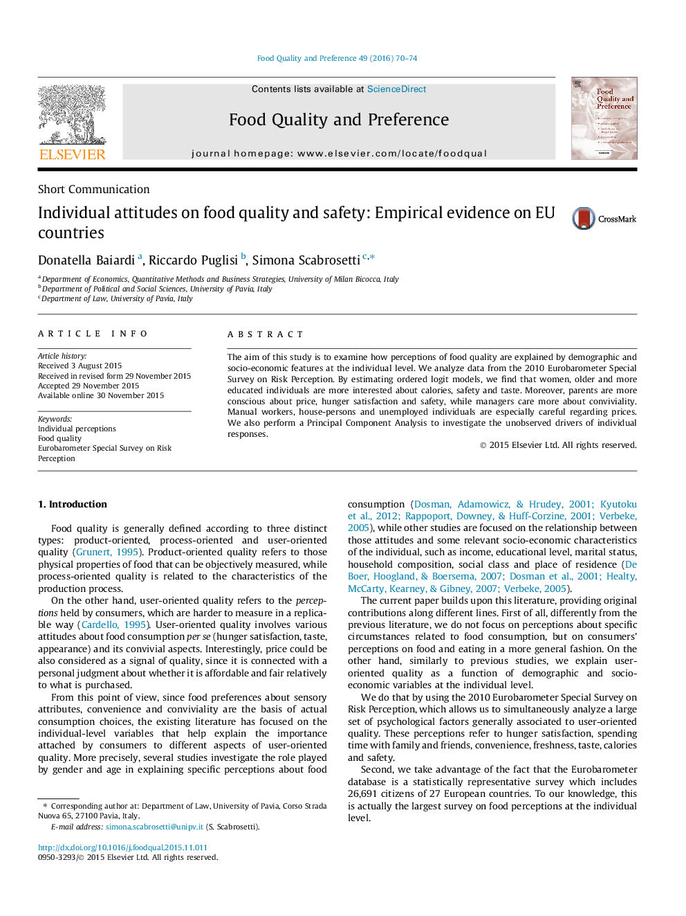 Short CommunicationIndividual attitudes on food quality and safety: Empirical evidence on EU countries