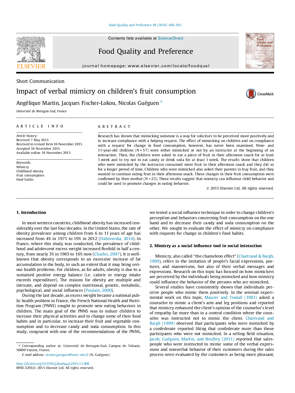 Short CommunicationImpact of verbal mimicry on children's fruit consumption