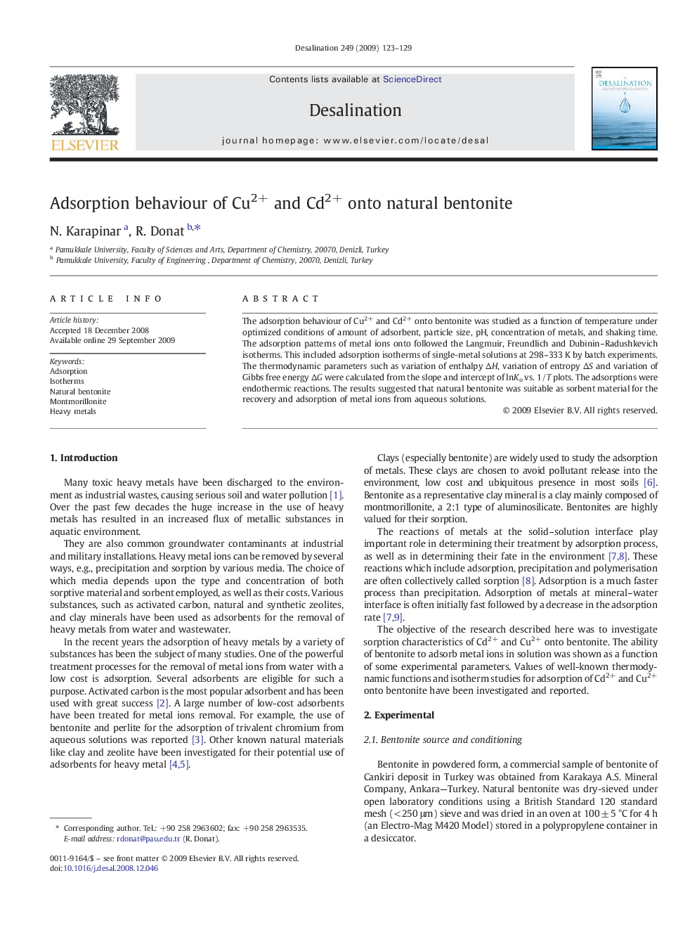 Adsorption behaviour of Cu2+ and Cd2+ onto natural bentonite