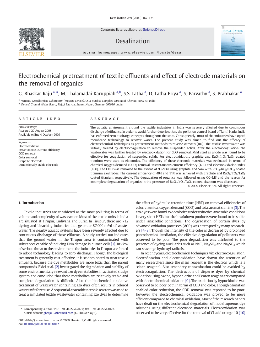 Electrochemical pretreatment of textile effluents and effect of electrode materials on the removal of organics