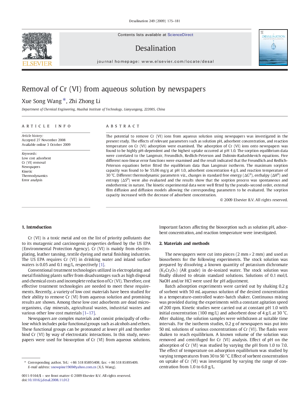 Removal of Cr (VI) from aqueous solution by newspapers