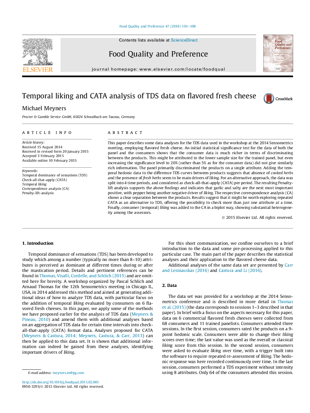 Temporal liking and CATA analysis of TDS data on flavored fresh cheese