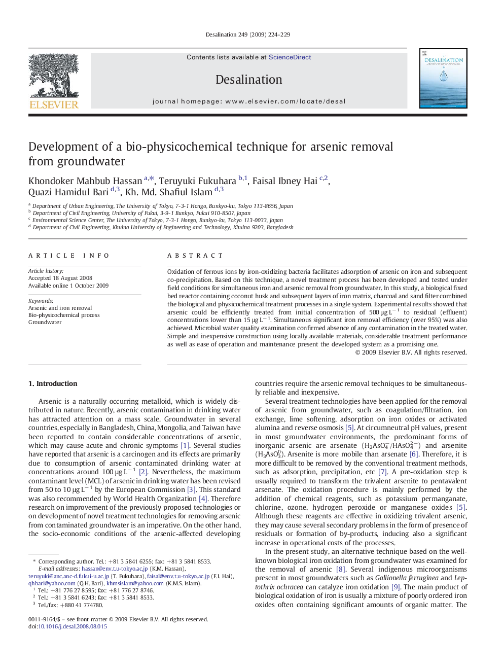 Development of a bio-physicochemical technique for arsenic removal from groundwater