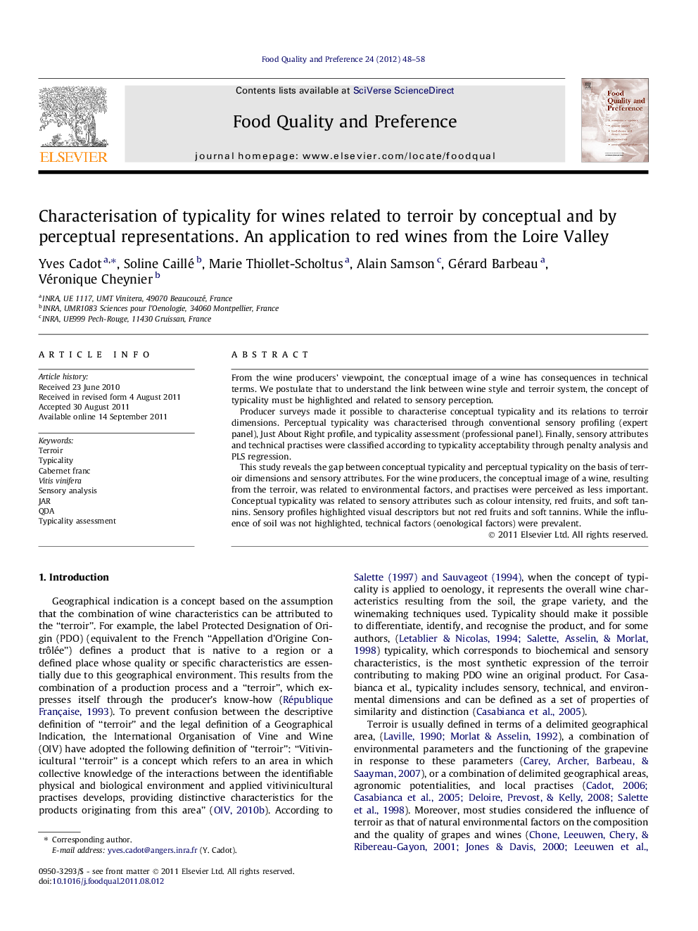 Characterisation of typicality for wines related to terroir by conceptual and by perceptual representations. An application to red wines from the Loire Valley