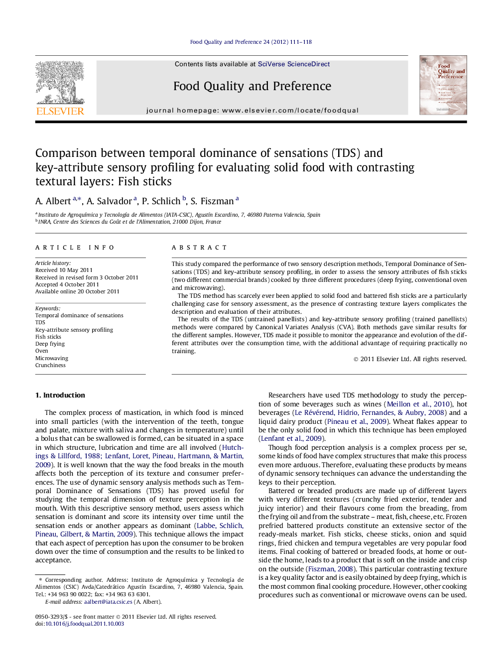 Comparison between temporal dominance of sensations (TDS) and key-attribute sensory profiling for evaluating solid food with contrasting textural layers: Fish sticks