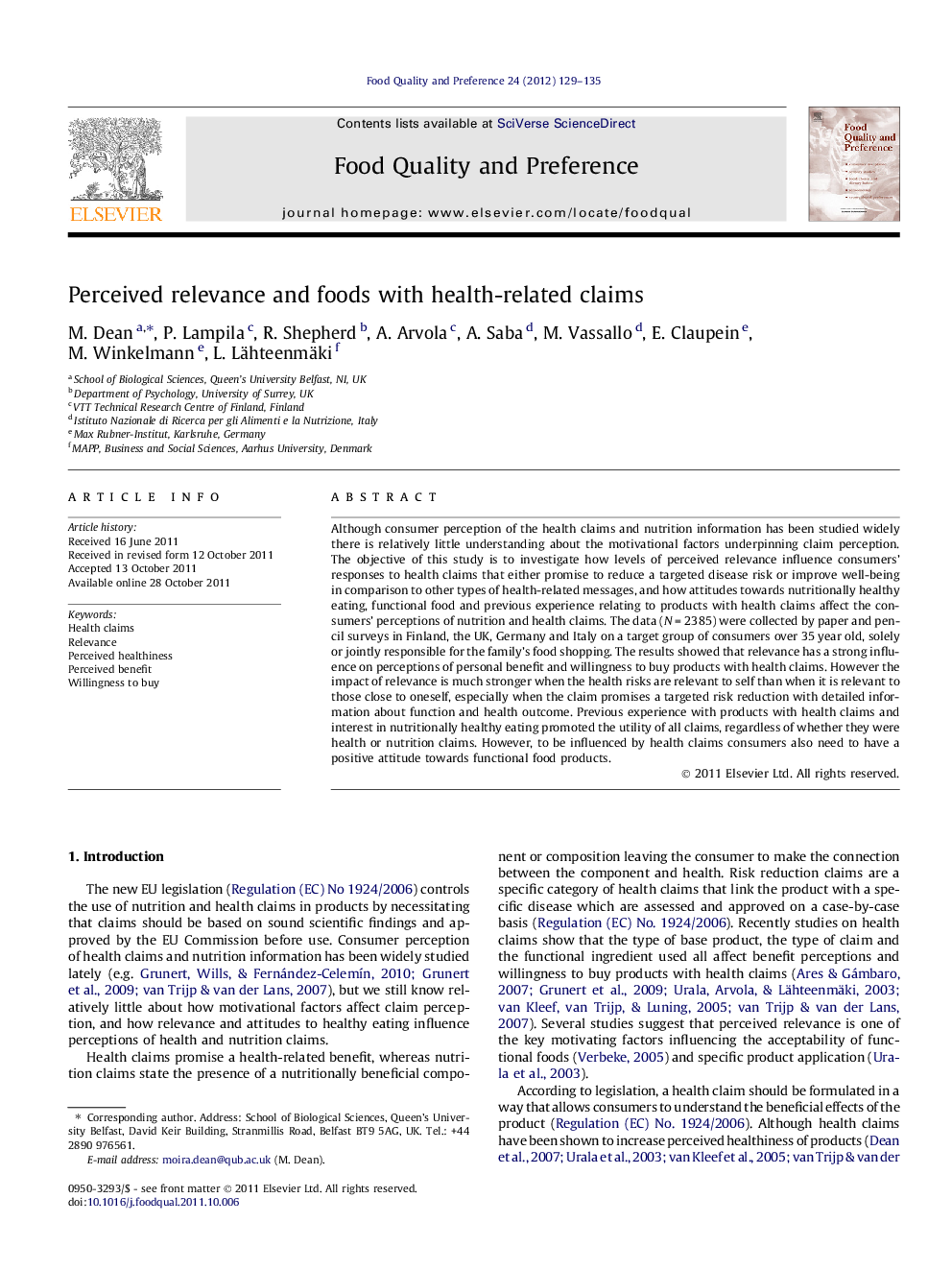عکس صفحه اول مقاله: Perceived relevance and foods with health-related claims Perceived relevance and foods with health-related claims
