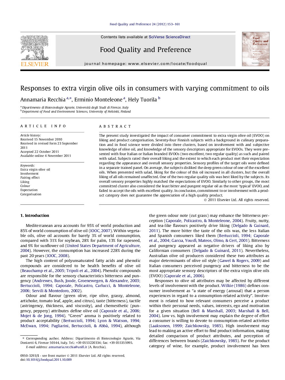 Responses to extra virgin olive oils in consumers with varying commitment to oils