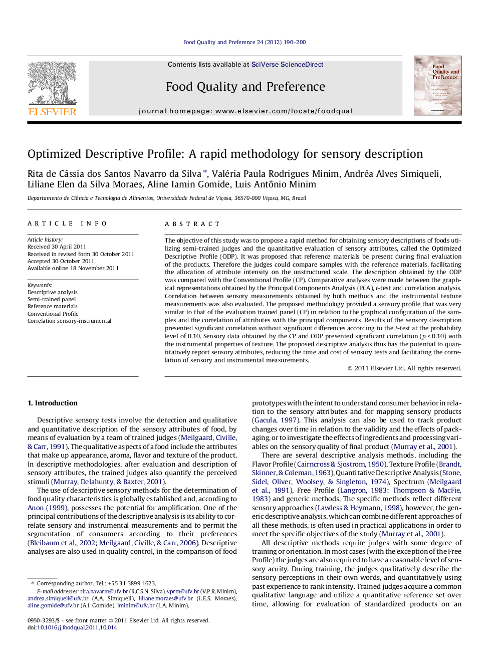 Optimized Descriptive Profile: A rapid methodology for sensory description