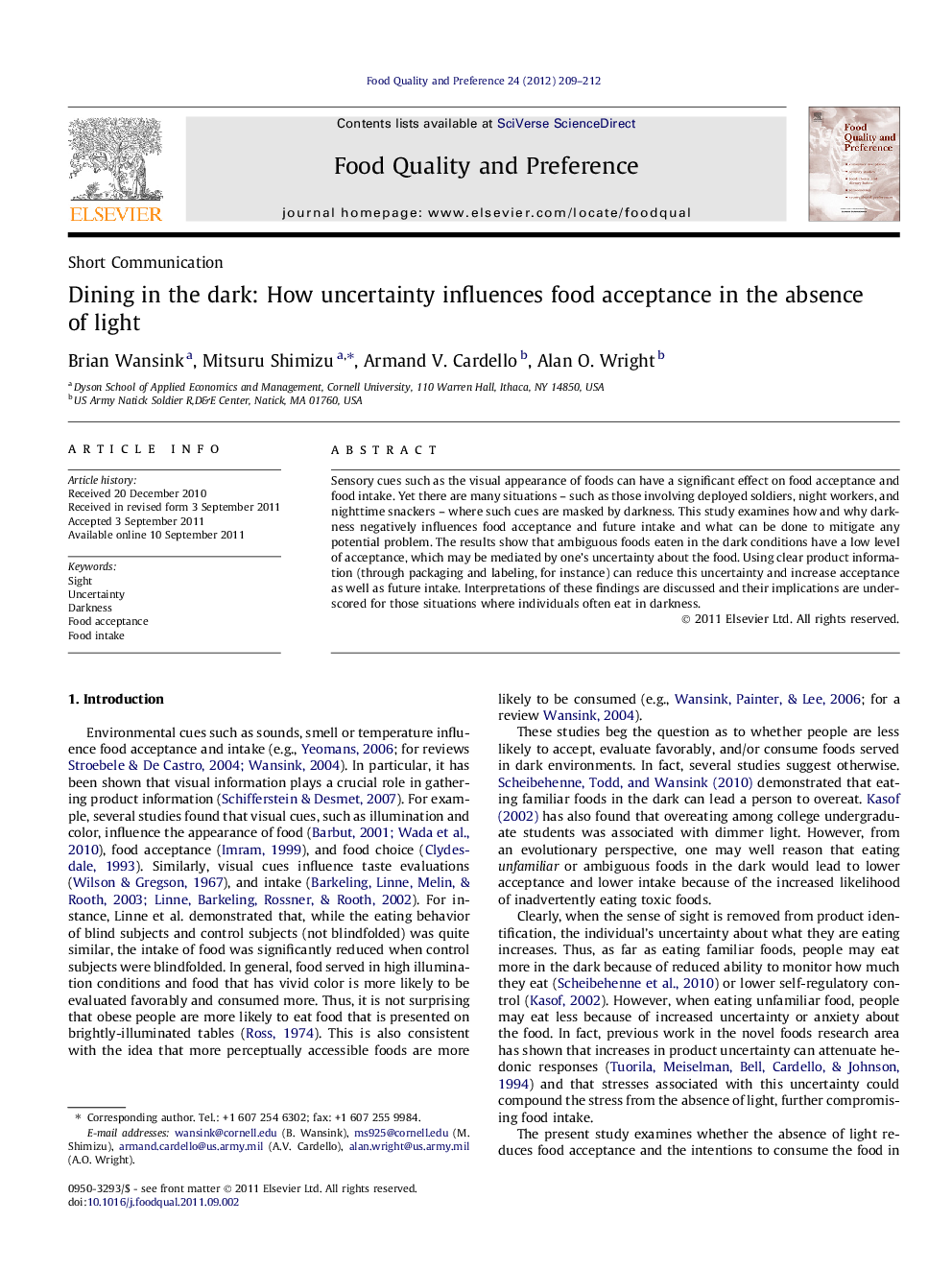 Short CommunicationDining in the dark: How uncertainty influences food acceptance in the absence of light