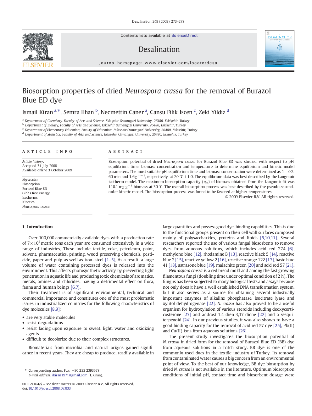 Biosorption properties of dried Neurospora crassa for the removal of Burazol Blue ED dye