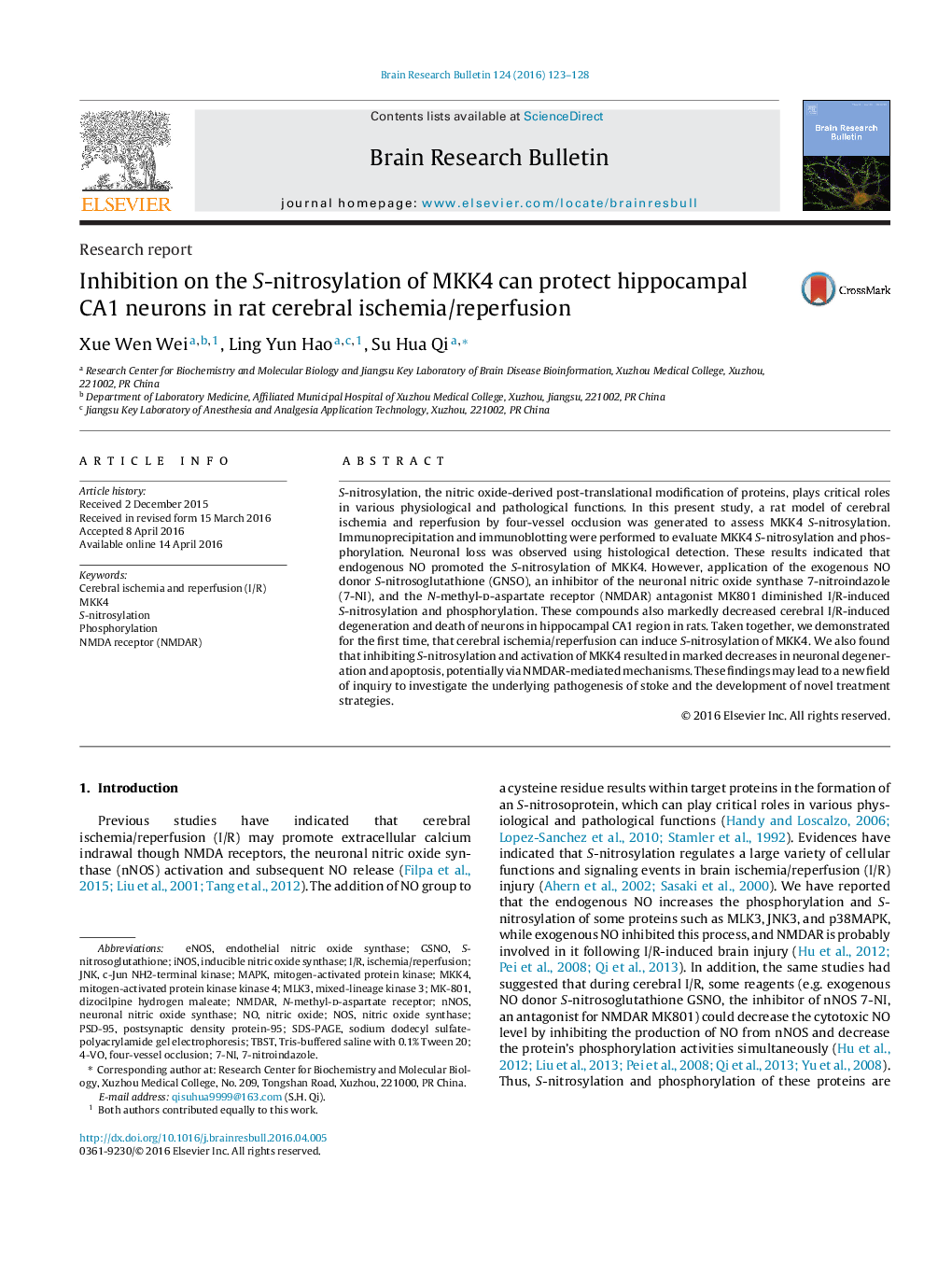 Research reportInhibition on the S-nitrosylation of MKK4 can protect hippocampal CA1 neurons in rat cerebral ischemia/reperfusion