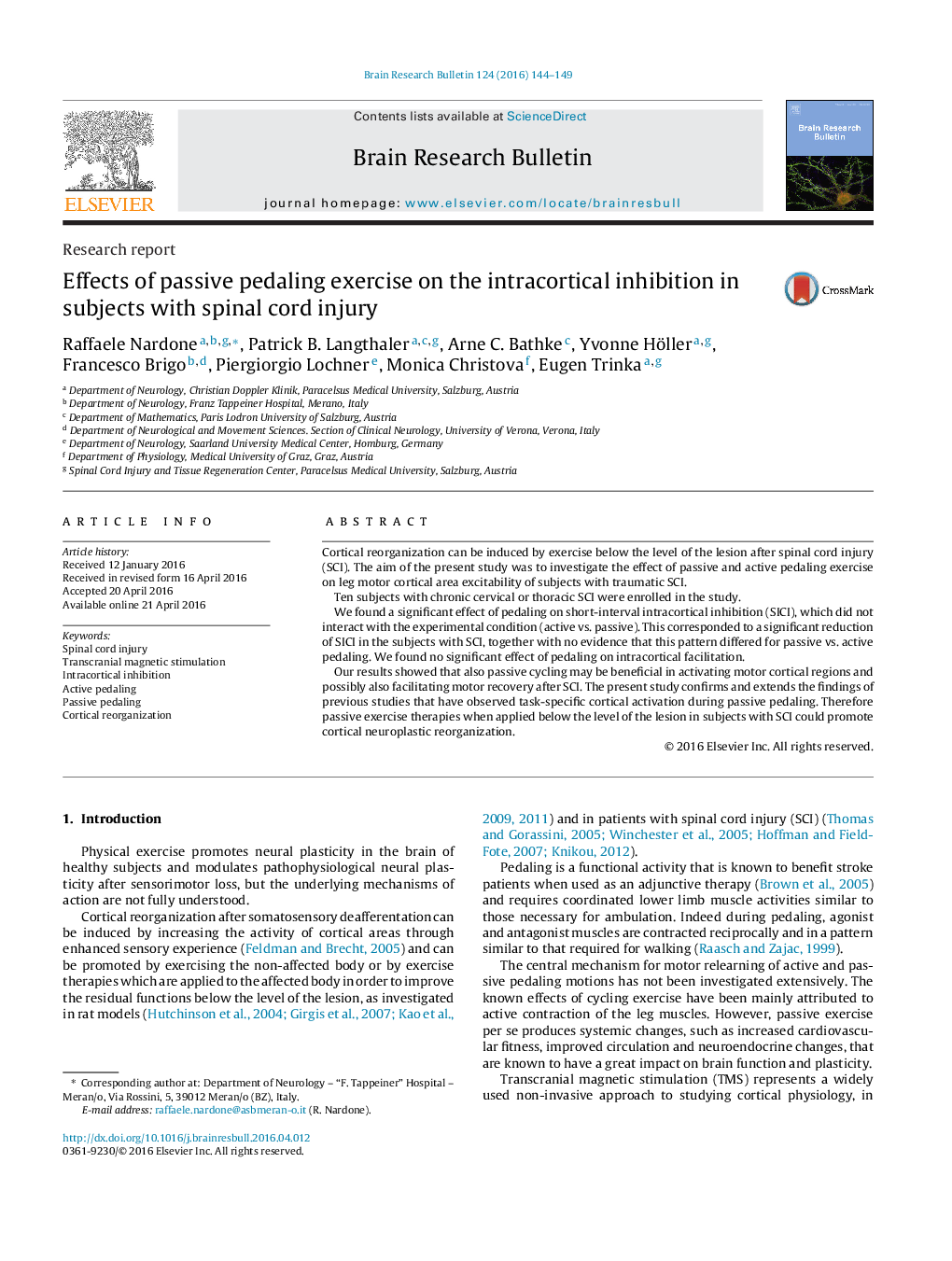 Research reportEffects of passive pedaling exercise on the intracortical inhibition in subjects with spinal cord injury