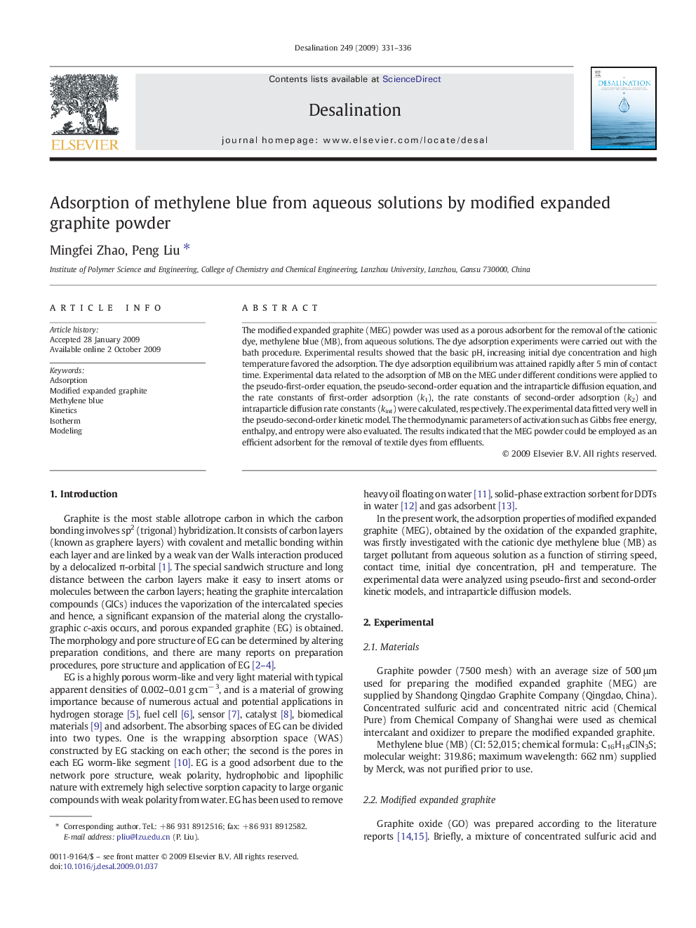 Adsorption of methylene blue from aqueous solutions by modified expanded graphite powder