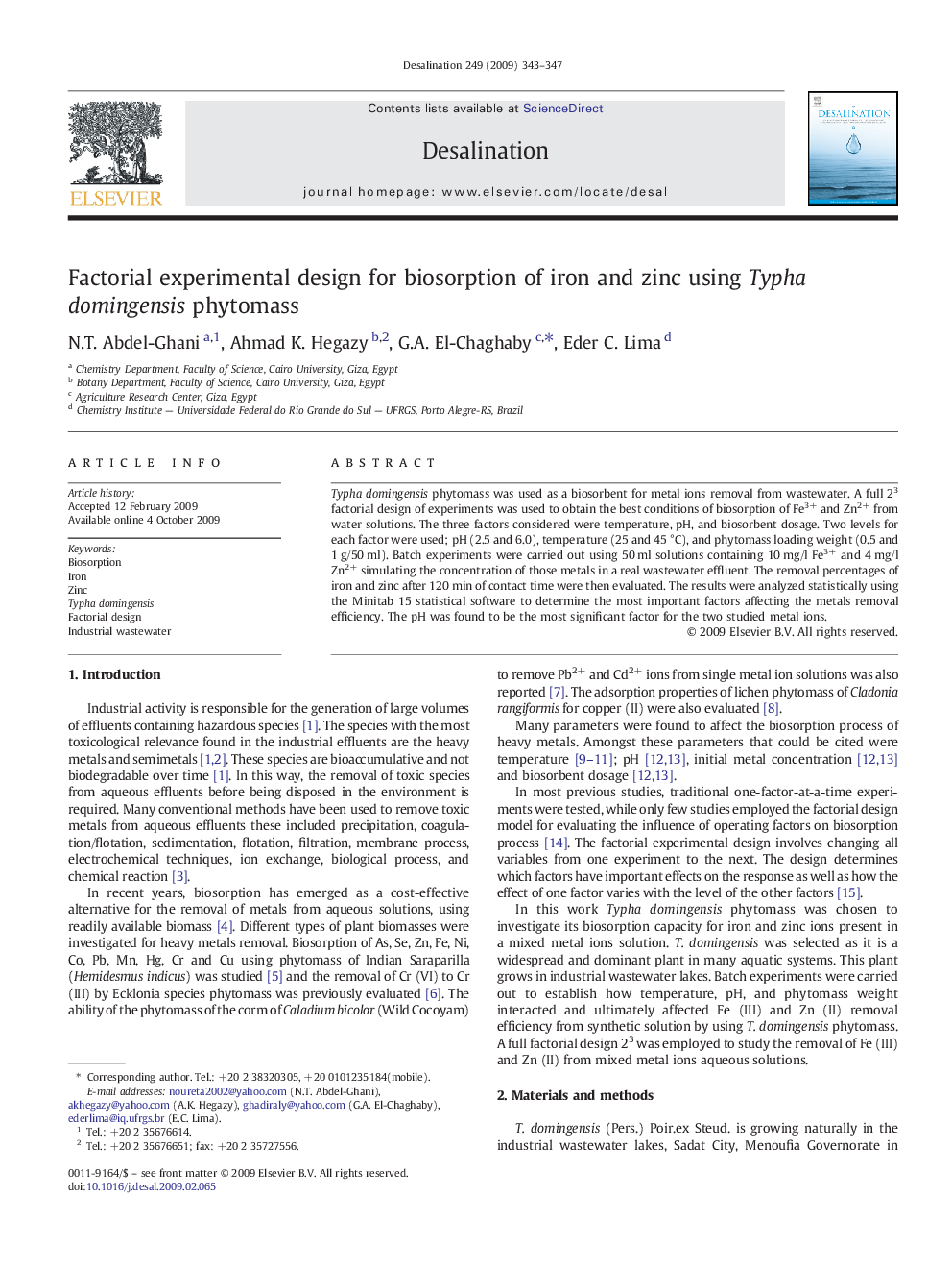 Factorial experimental design for biosorption of iron and zinc using Typha domingensis phytomass