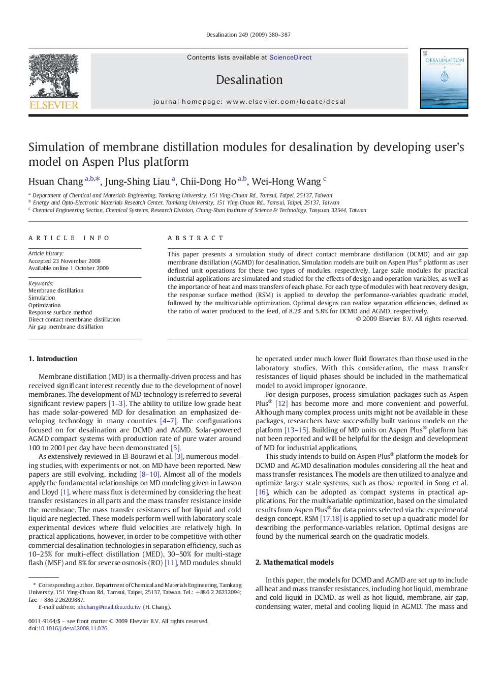 Simulation of membrane distillation modules for desalination by developing user's model on Aspen Plus platform