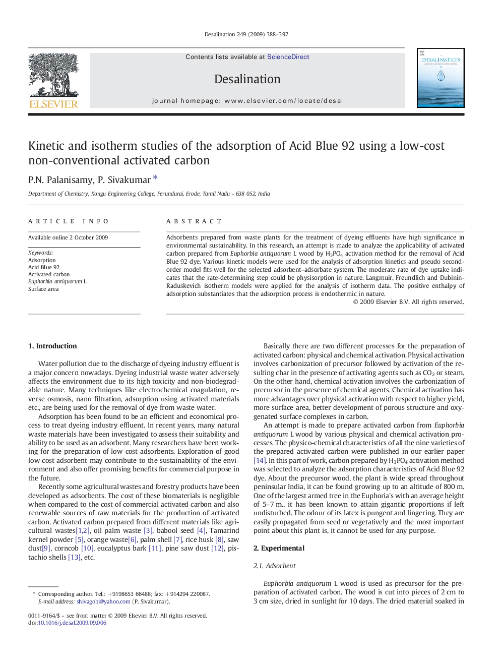 Kinetic and isotherm studies of the adsorption of Acid Blue 92 using a low-cost non-conventional activated carbon